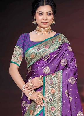deep purple silk blend woven work traditional saree 2