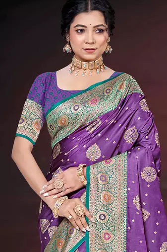 deep purple silk blend woven work traditional saree