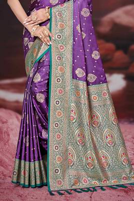 deep purple silk blend woven work traditional saree 3