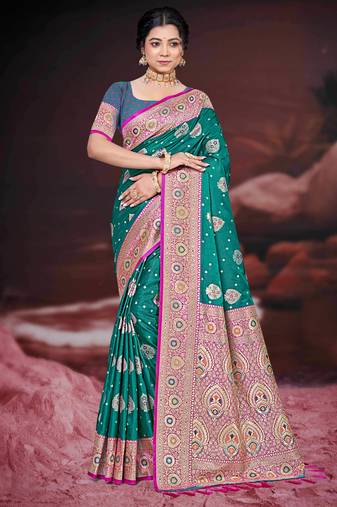 teal green silk blend woven work traditional saree