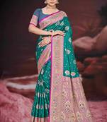teal green silk blend woven work traditional saree