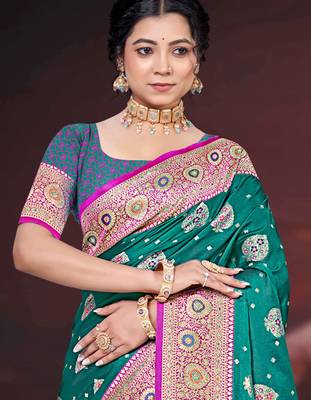 teal green silk blend woven work traditional saree 2