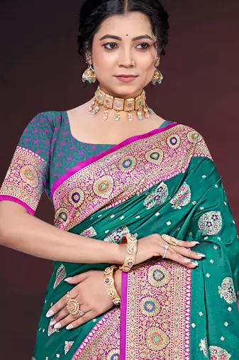 teal green silk blend woven work traditional saree
