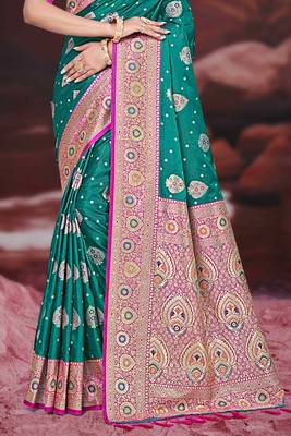 teal green silk blend woven work traditional saree 3