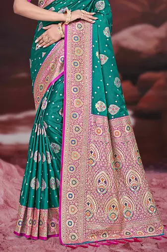 teal green silk blend woven work traditional saree