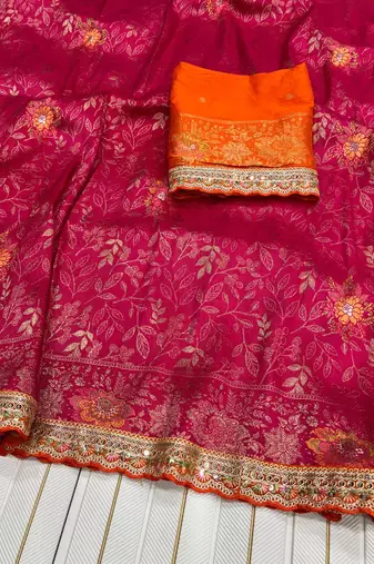 Rani Pink Color Dola Silk With Meenakari Zari Weaving Saree