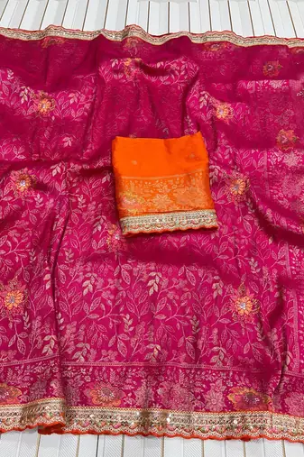 Rani Pink Color Dola Silk With Meenakari Zari Weaving Saree
