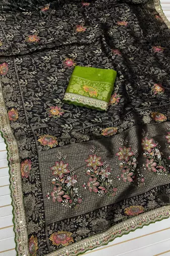 Black Color Dola Silk With Meenakari Zari Weaving Saree