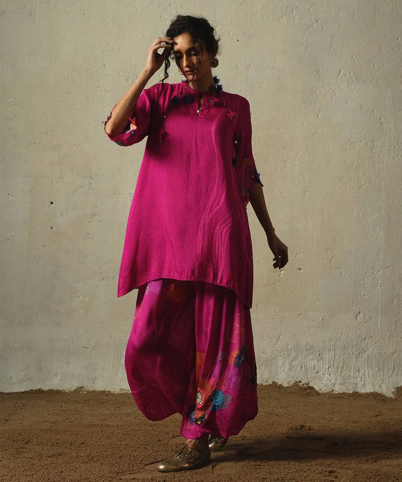 Pink embroidered chiffon kurta set