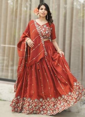 Rust Orange Embroidered Lehenga Set   Designer NC Vichitra Silk for Weddings & Festive Occasions 1