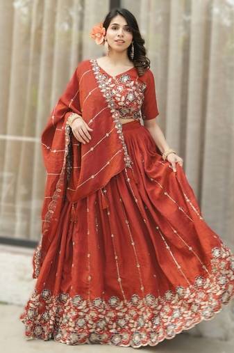 Rust Orange Embroidered Lehenga Set     Designer NC Vichitra Silk for Weddings & Festive Occasions