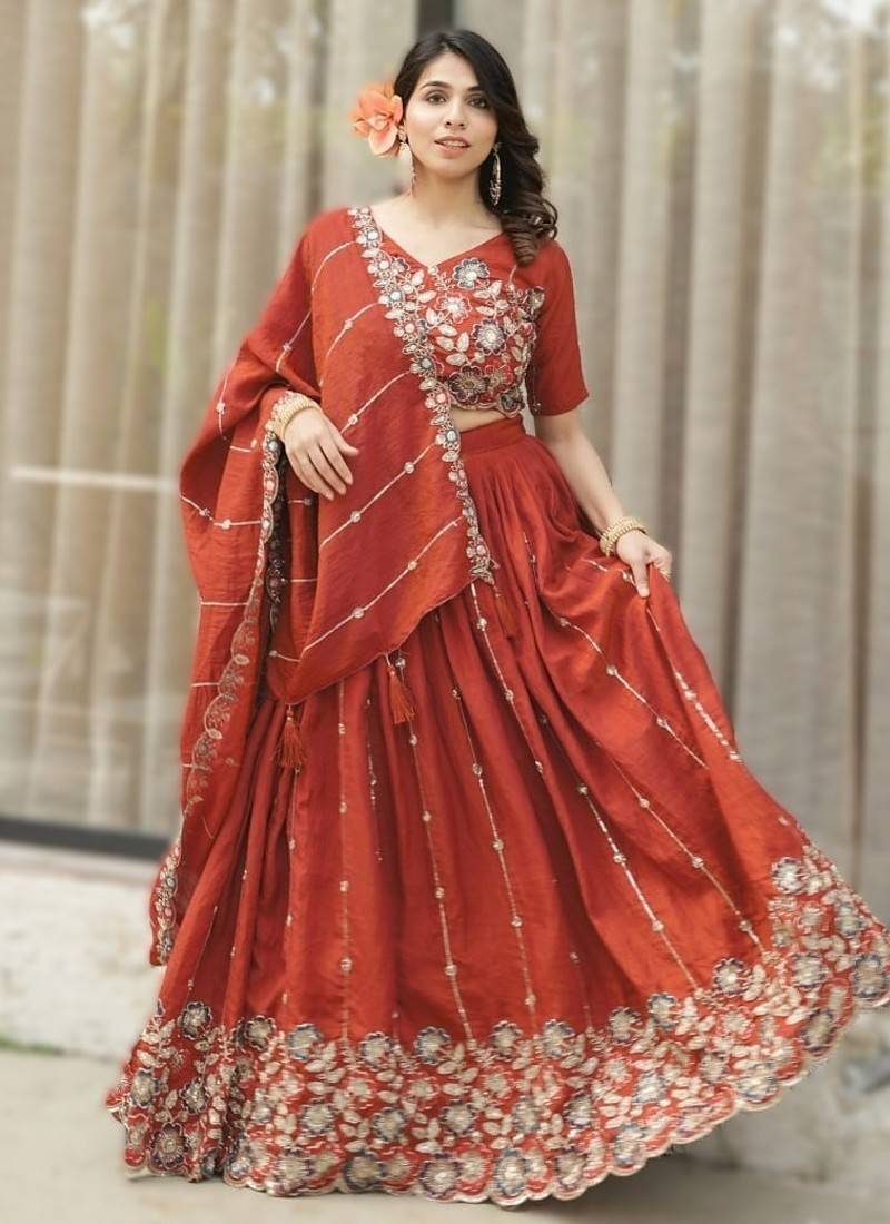 Rust Orange Embroidered Lehenga Set – Designer NC Vichitra Silk for Weddings & Festive Occasions