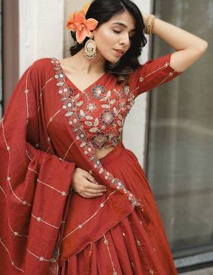Rust Orange Embroidered Lehenga Set   Designer NC Vichitra Silk for Weddings & Festive Occasions 2