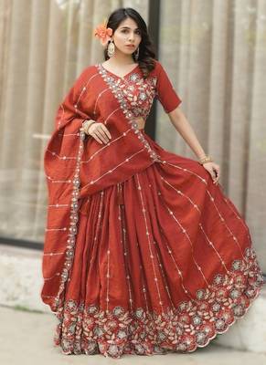 Rust Orange Embroidered Lehenga Set   Designer NC Vichitra Silk for Weddings & Festive Occasions 3