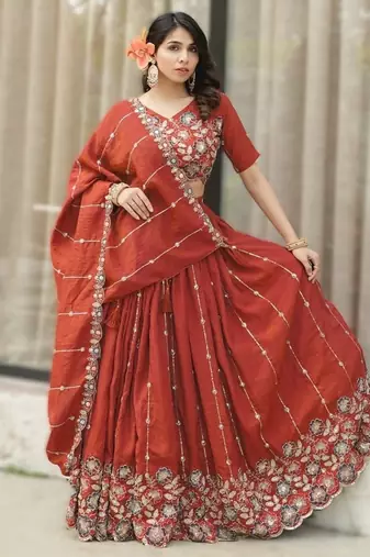 Rust Orange Embroidered Lehenga Set     Designer NC Vichitra Silk for Weddings & Festive Occasions