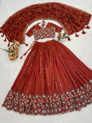 Rust Orange Embroidered Lehenga Set   Designer NC Vichitra Silk for Weddings & Festive Occasions 4