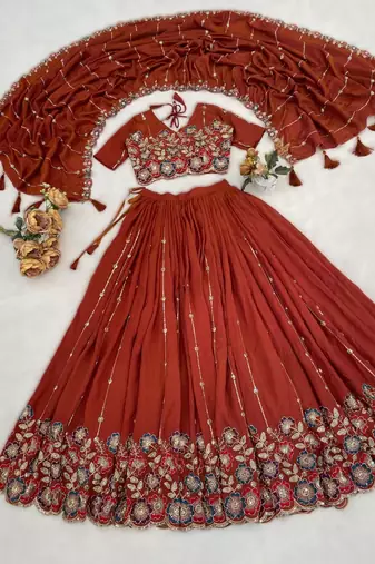 Rust Orange Embroidered Lehenga Set     Designer NC Vichitra Silk for Weddings & Festive Occasions