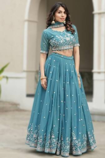 Turquoise Blue Sky Wedding Embroidery Lehenga – Designer Georgette Set with Pearl & Floral Work