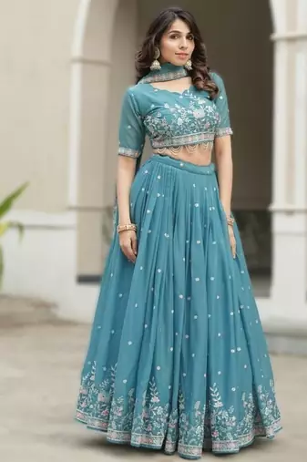 Turquoise Blue Sky Wedding Embroidery Lehenga – Designer Georgette Set with Pearl & Floral Work