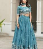 Turquoise Blue Sky Wedding Embroidery Lehenga – Designer Georgette Set with Pearl & Floral Work