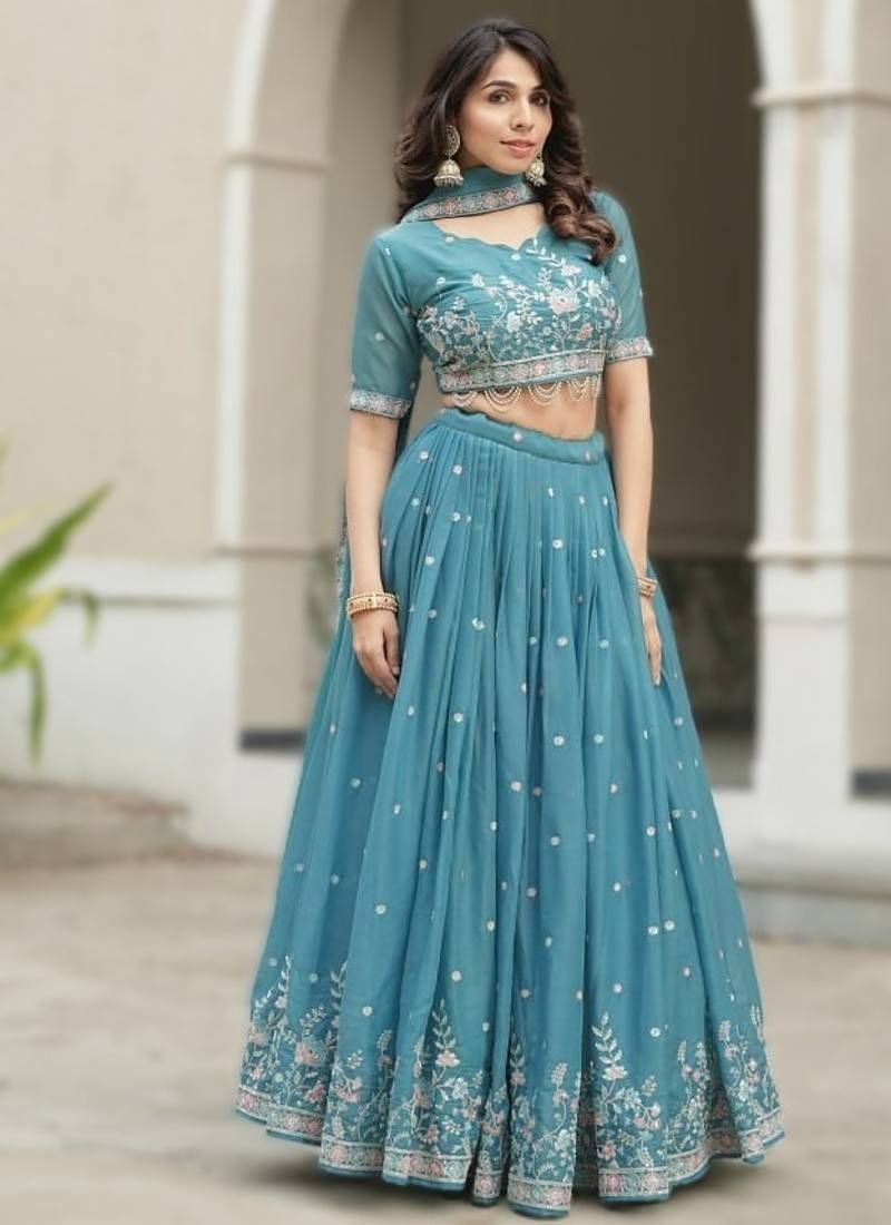 Turquoise Blue Sky Wedding Embroidery Lehenga – Designer Georgette Set with Pearl & Floral Work