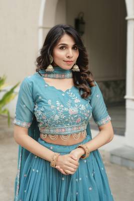 Turquoise Blue Sky Wedding Embroidery Lehenga     Designer Georgette Set with Pearl & Floral Work 2