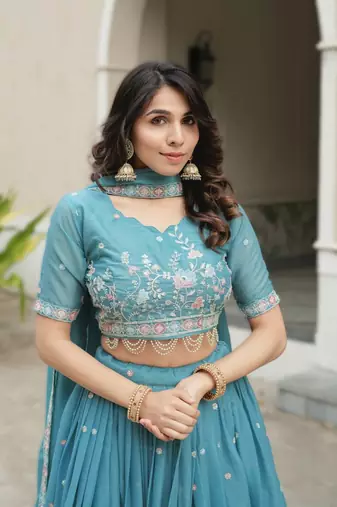 Turquoise Blue Sky Wedding Embroidery Lehenga     Designer Georgette Set with Pearl & Floral Work