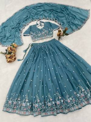 Turquoise Blue Sky Wedding Embroidery Lehenga     Designer Georgette Set with Pearl & Floral Work 3