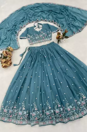 Turquoise Blue Sky Wedding Embroidery Lehenga     Designer Georgette Set with Pearl & Floral Work