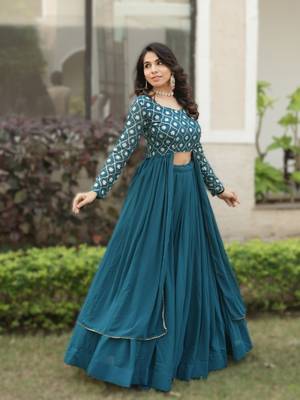 Teal Blue Georgette Lehenga Set with Embroidered Kurti     Indo-Western Fusion Outfit      1
