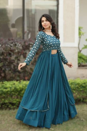 Teal Blue Georgette Lehenga Set with Embroidered Kurti     Indo-Western Fusion Outfit     
