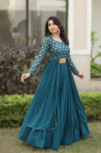 Teal Blue Georgette Lehenga Set with Embroidered Kurti     Indo-Western Fusion Outfit     