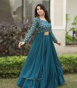 Teal Blue Georgette Lehenga Set with Embroidered Kurti     Indo-Western Fusion Outfit     