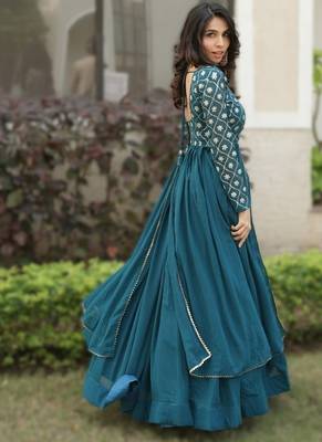Teal Blue Georgette Lehenga Set with Embroidered Kurti     Indo-Western Fusion Outfit      2