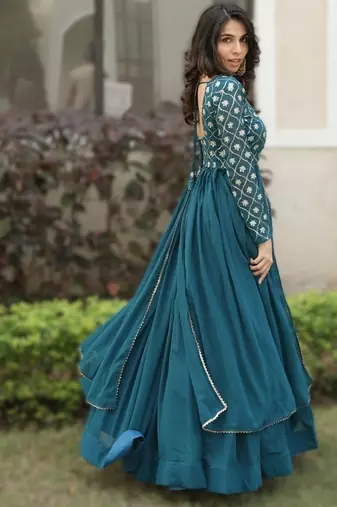 Teal Blue Georgette Lehenga Set with Embroidered Kurti     Indo-Western Fusion Outfit     
