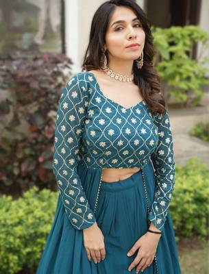 Teal Blue Georgette Lehenga Set with Embroidered Kurti     Indo-Western Fusion Outfit      3