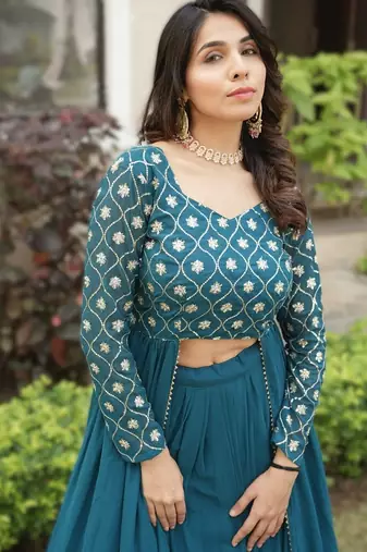 Teal Blue Georgette Lehenga Set with Embroidered Kurti     Indo-Western Fusion Outfit     