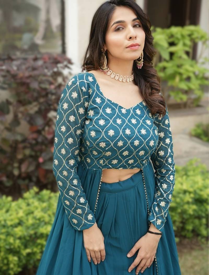 Teal Blue Georgette Lehenga Set with Embroidered Kurti     Indo-Western Fusion Outfit     