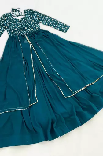 Teal Blue Georgette Lehenga Set with Embroidered Kurti     Indo-Western Fusion Outfit     