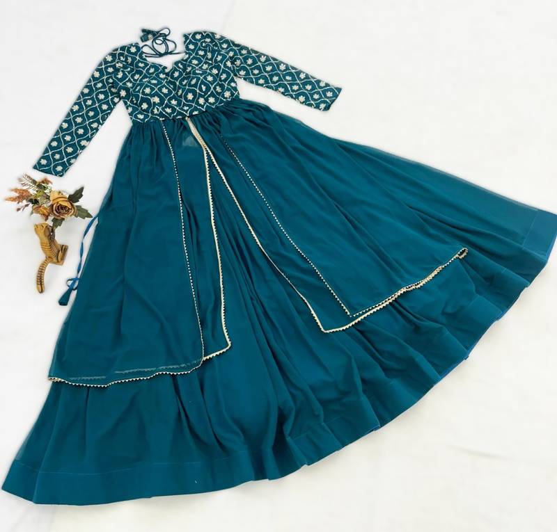 Teal Blue Georgette Lehenga Set with Embroidered Kurti     Indo-Western Fusion Outfit     