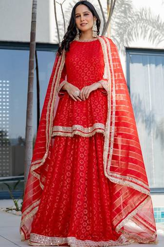 Red Brasso mirror lace work kurta skirt and dupatta