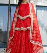 Red Brasso mirror lace work kurta skirt and dupatta