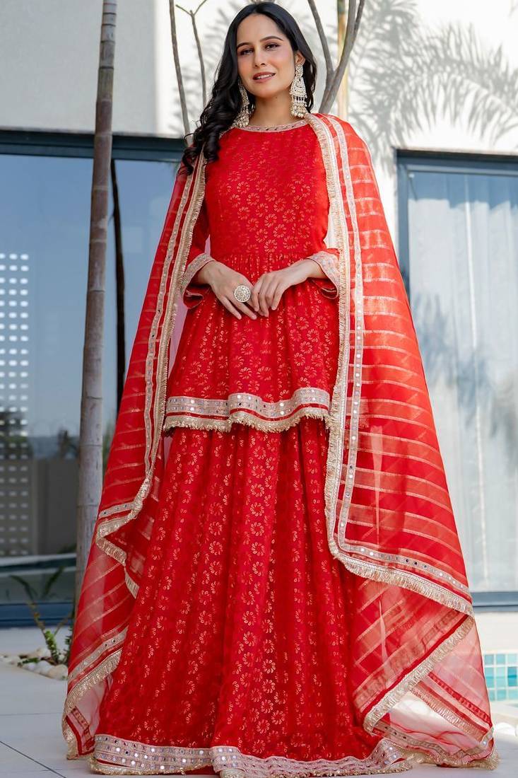 Red Brasso mirror lace work kurta skirt and dupatta