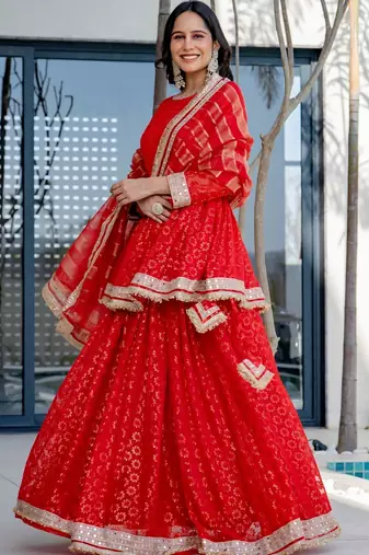 Red Brasso mirror lace work kurta skirt and dupatta