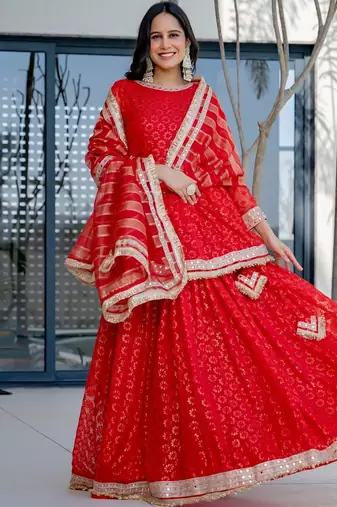 Red Brasso mirror lace work kurta skirt and dupatta