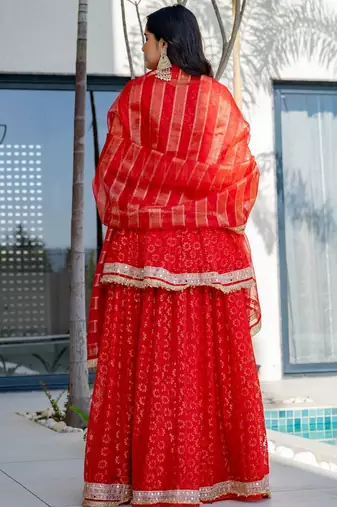 Red Brasso mirror lace work kurta skirt and dupatta