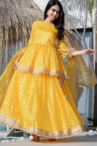 Yellow Brasso mirror lace work kurta skirt and dupatta