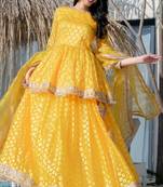 Yellow Brasso mirror lace work kurta skirt and dupatta