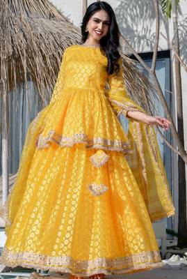 yellow brasso mirror lace kurta skirt and dupatta set for women 2