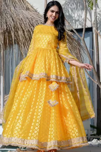yellow brasso mirror lace kurta skirt and dupatta set for women